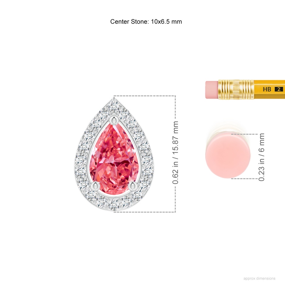 10x6.5mm AAAA Pear Fancy Intense Pink Diamond Solitaire Floating Halo Pendant in White Gold ruler