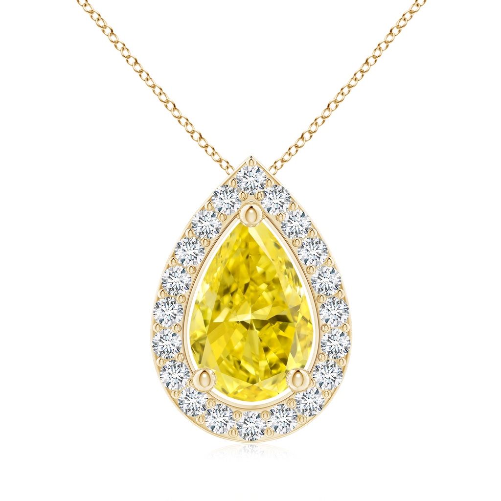 10x6.5mm AAAA Pear Fancy Intense Yellow Diamond Solitaire Floating Halo Pendant in Yellow Gold