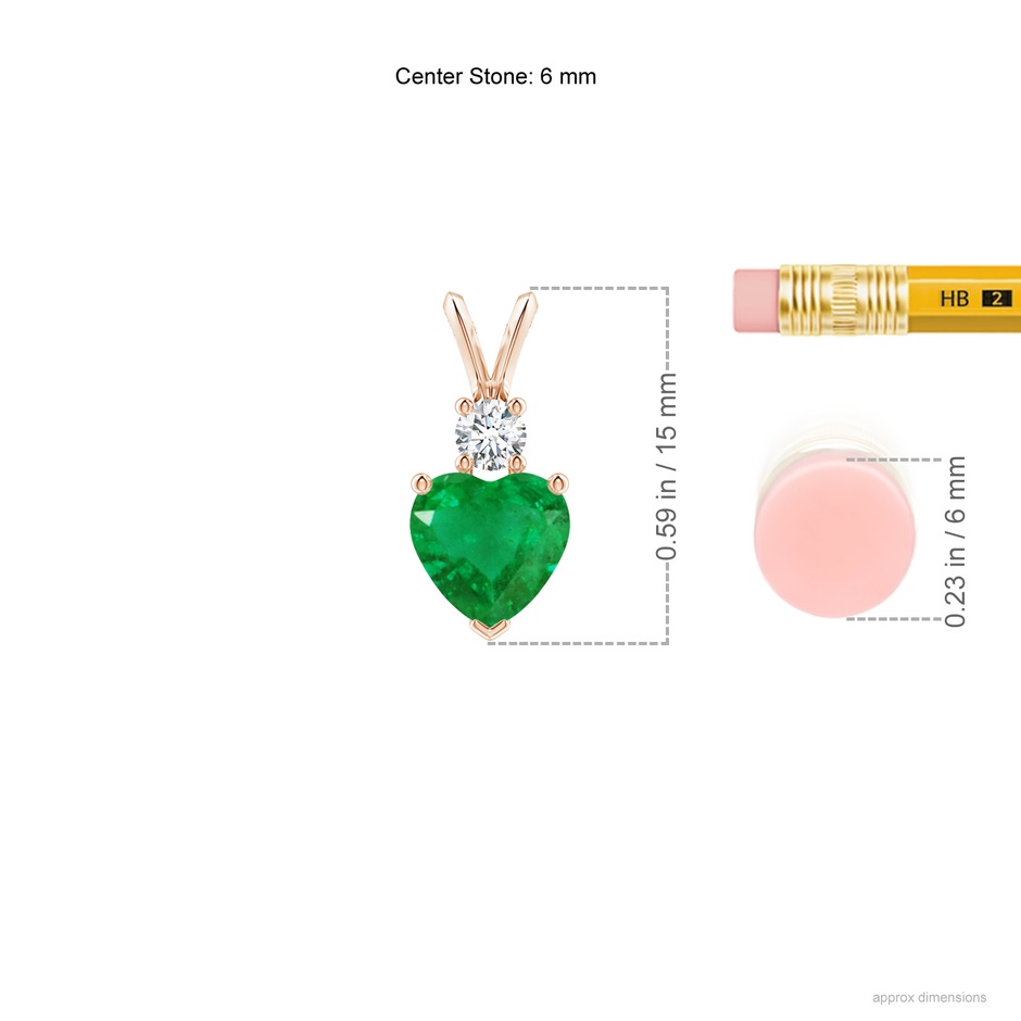 6mm AA Heart-Shaped Emerald Rabbit Ear Bale Pendant in Rose Gold ruler