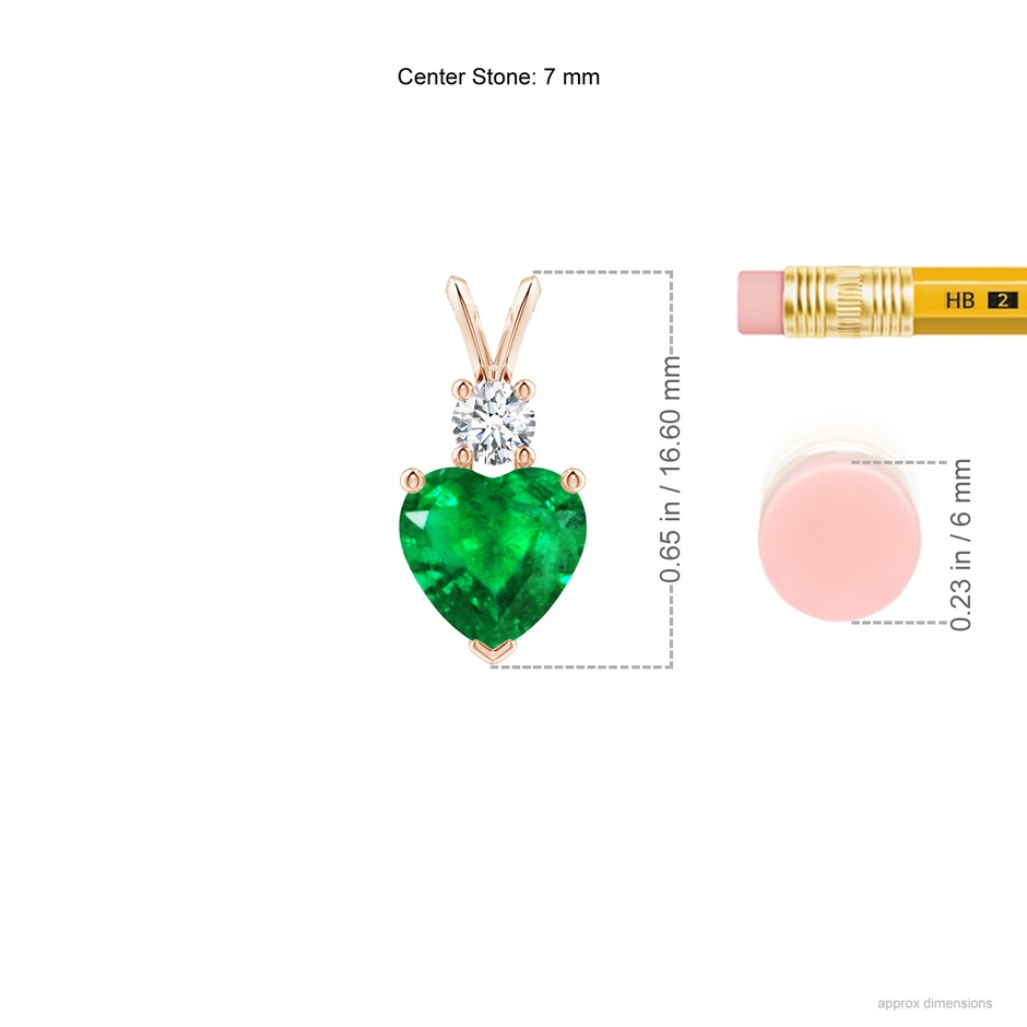 7mm AAA Heart-Shaped Emerald Rabbit Ear Bale Pendant in 9K Rose Gold ruler