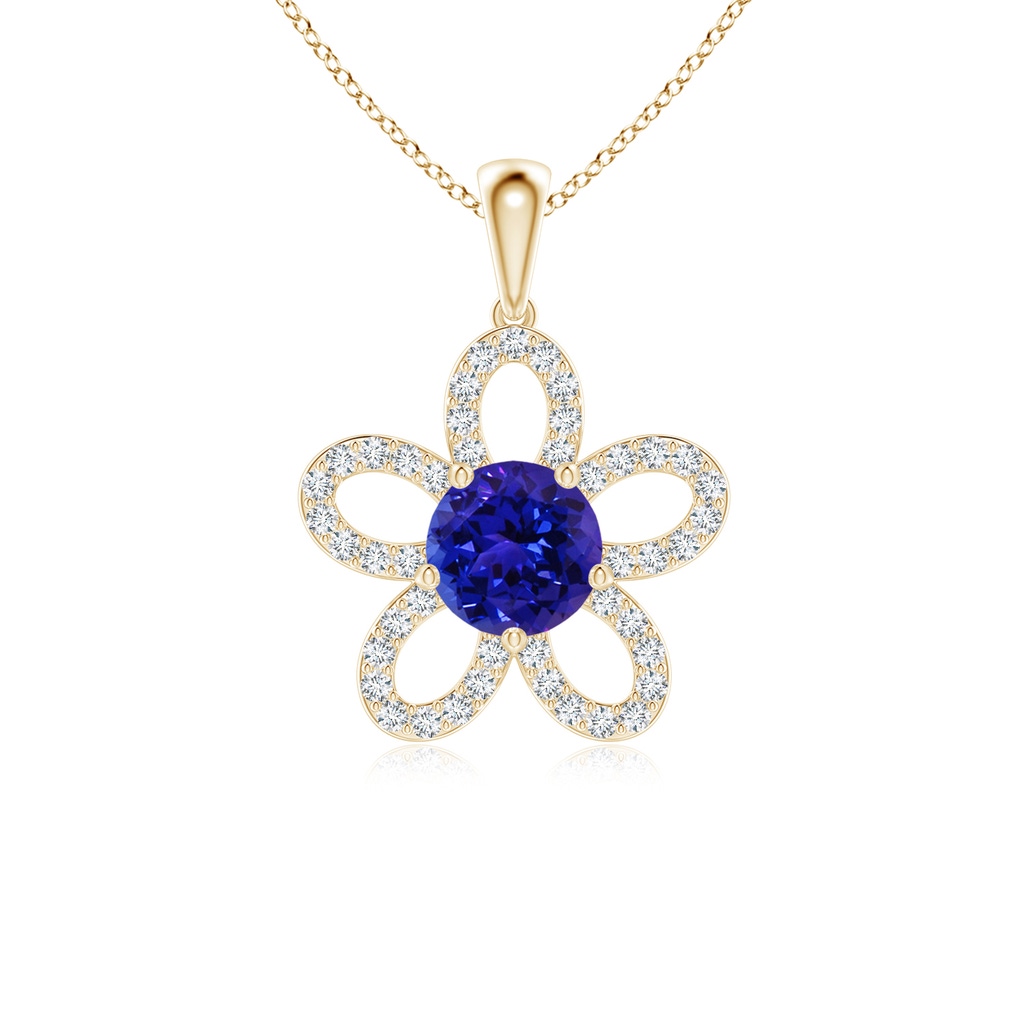 6mm AAAA Round Tanzanite Floral Pendant with Diamond Accents in Yellow Gold
