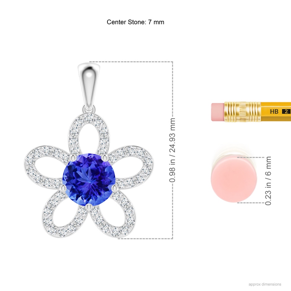 7mm AAA Round Tanzanite Floral Pendant with Diamond Accents in White Gold ruler