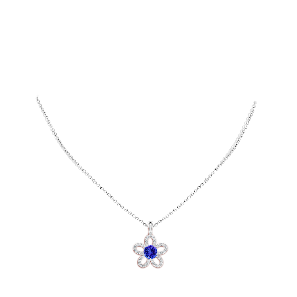 7mm AAA Round Tanzanite Floral Pendant with Diamond Accents in White Gold Body-Neck