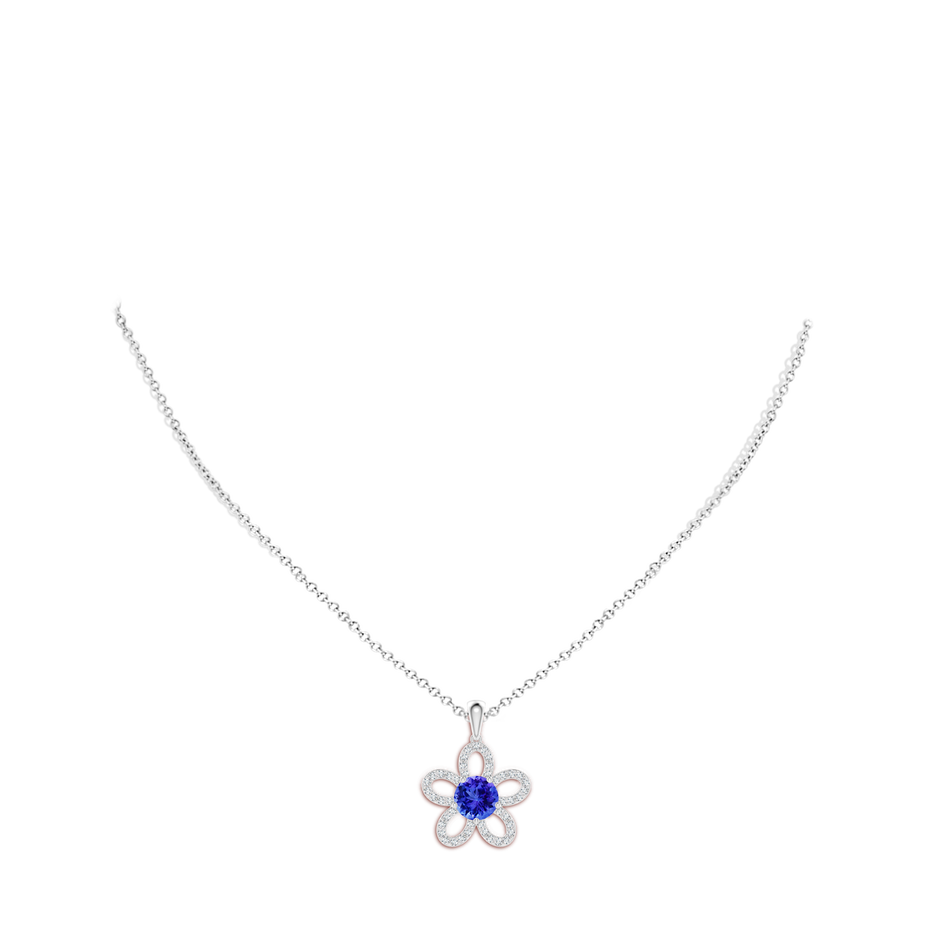 7mm AAA Round Tanzanite Floral Pendant with Diamond Accents in White Gold body-neck