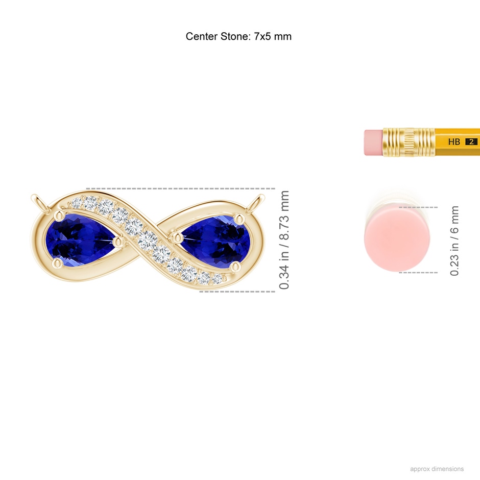 7x5mm AAAA Pear Tanzanite Two Stone Infinity Pendant in Yellow Gold ruler
