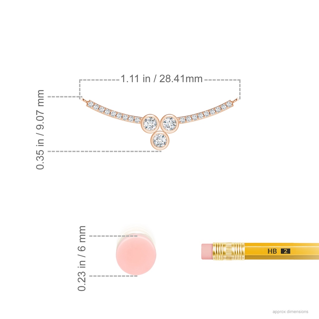 2.1mm GVS2 Three Stone Bezel-Set Diamond Clustre Curved Bar Pendant in Rose Gold Ruler