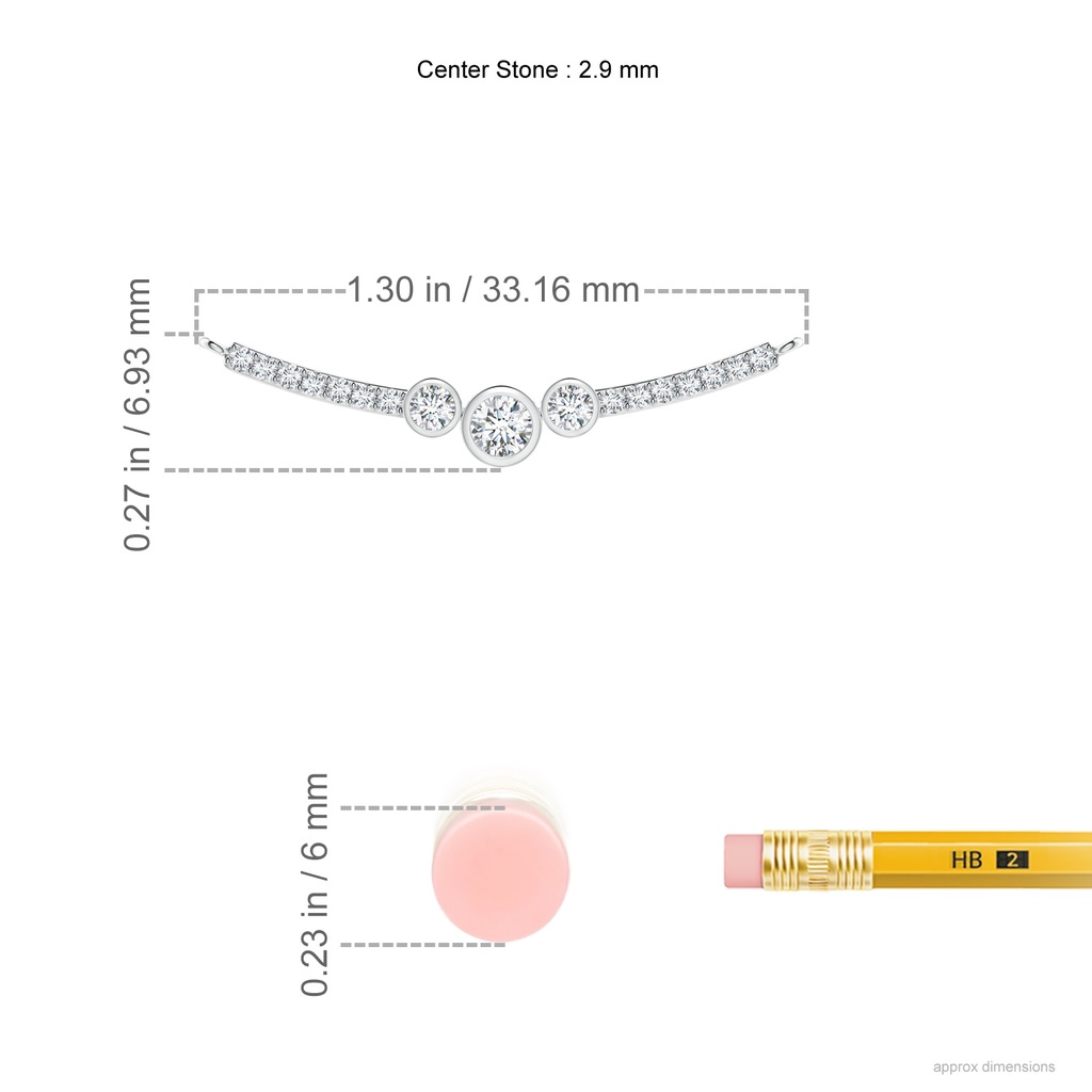 2.9mm GVS2 Three Stone Bezel-Set Diamond Curved Bar Pendant in White Gold Ruler