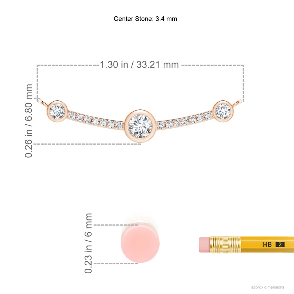 3.4mm GVS2 Three Stone Spaced Out Bezel-Set Diamond Curved Bar Pendant in Rose Gold Ruler