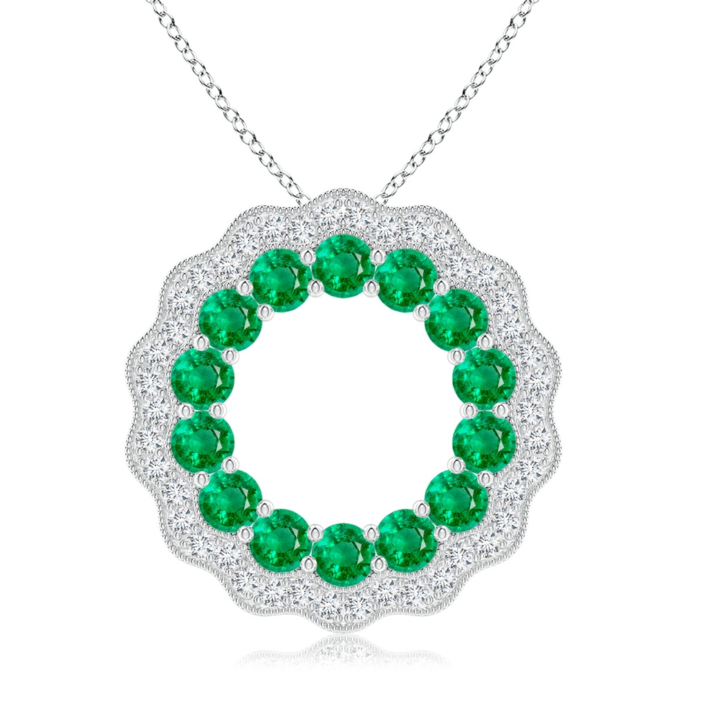 2.5mm AAA Emerald and Diamond Floral Circle Pendant in White Gold