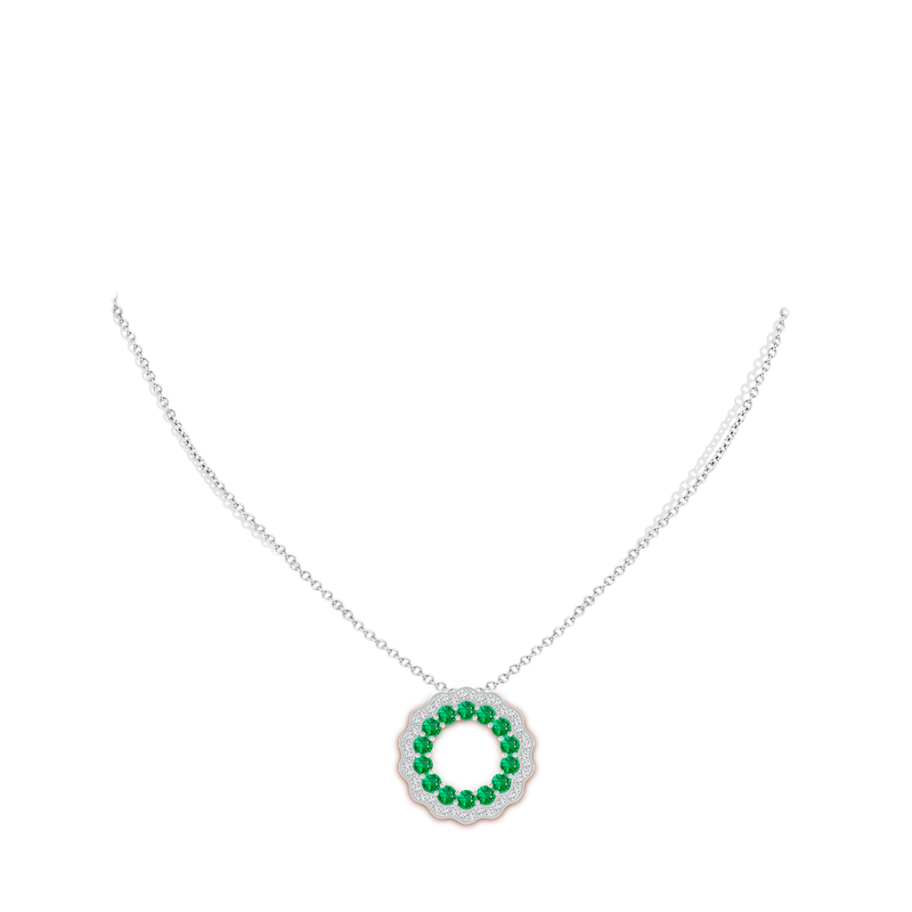 2.5mm AAA Emerald and Diamond Floral Circle Pendant in White Gold Body-Neck