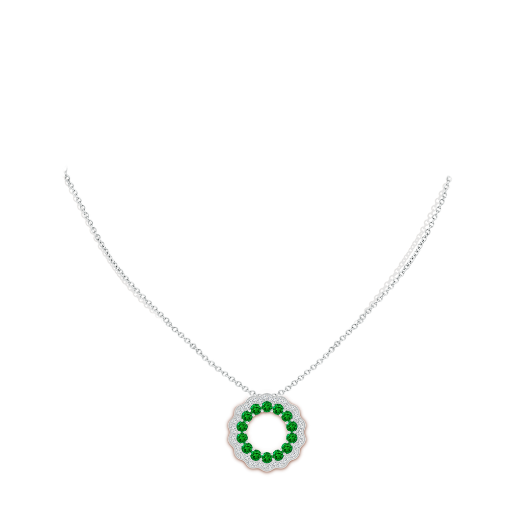 2.5mm AAAA Emerald and Diamond Floral Circle Pendant in White Gold Body-Neck