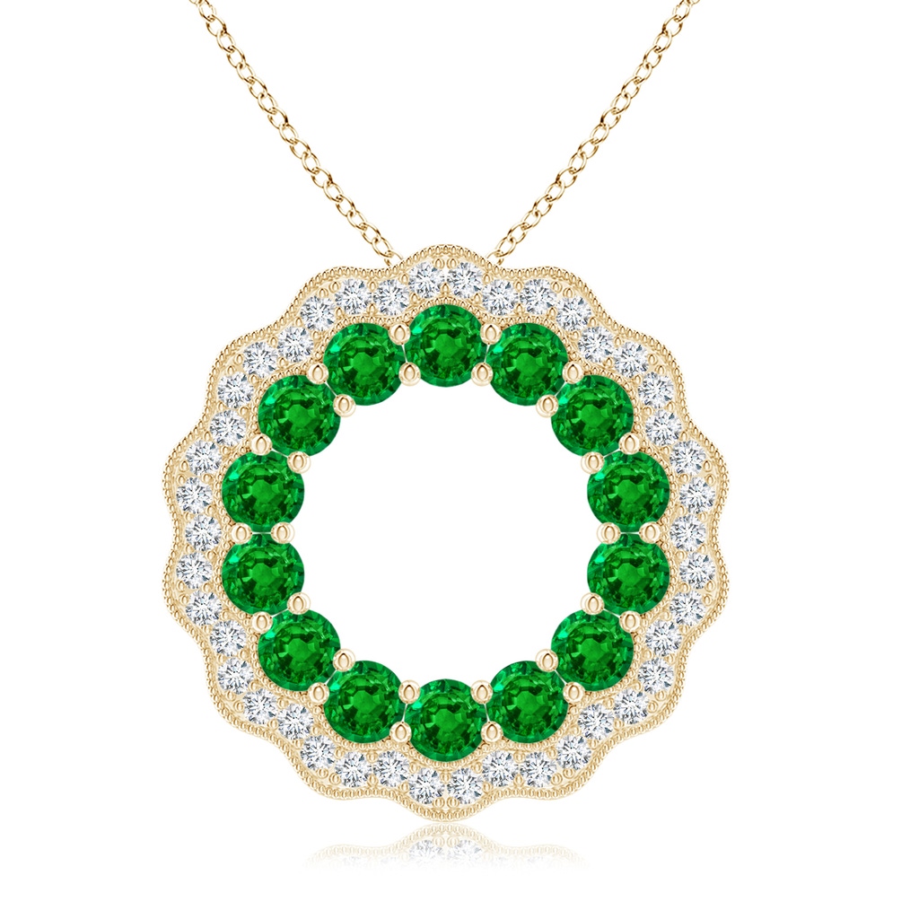 2.5mm AAAA Emerald and Diamond Floral Circle Pendant in Yellow Gold