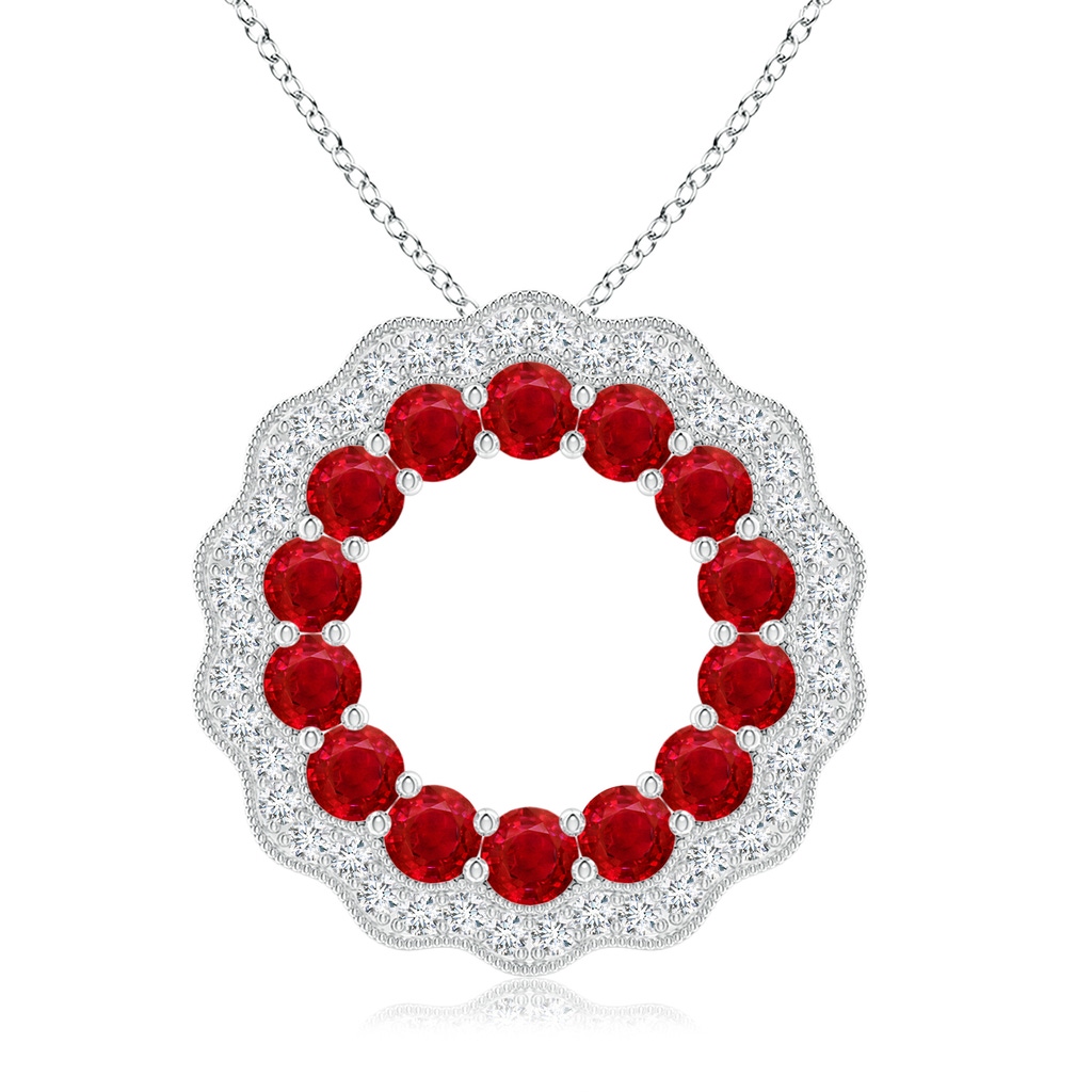 2.5mm AAA Ruby and Diamond Floral Circle Pendant in White Gold