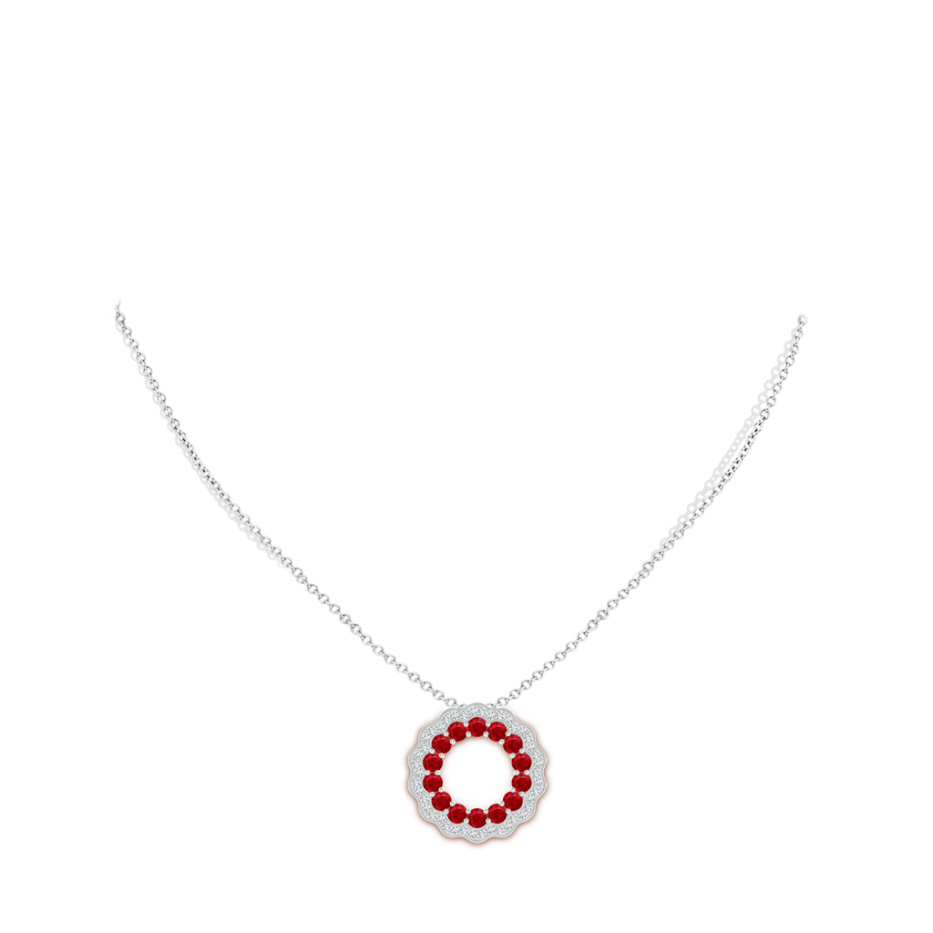 2.5mm AAA Ruby and Diamond Floral Circle Pendant in White Gold Body-Neck