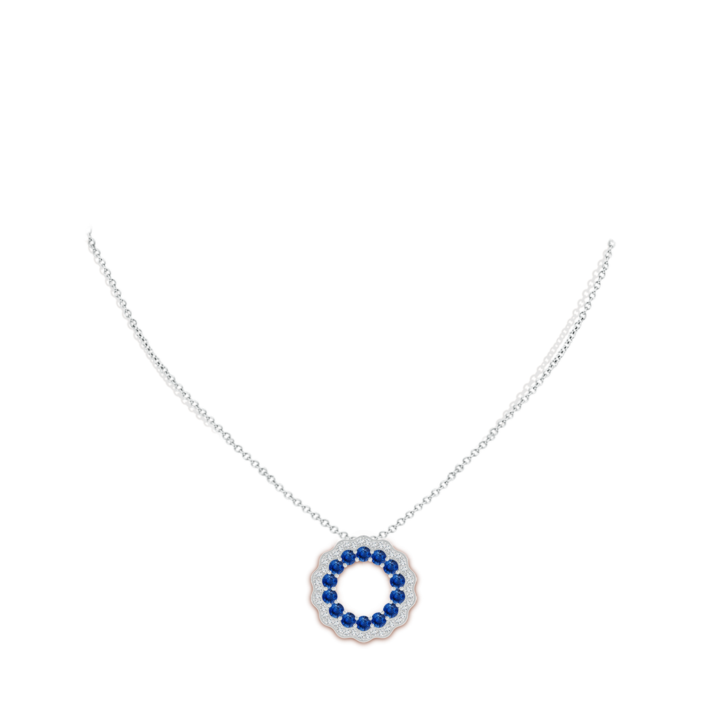 2.5mm AAA Sapphire and Diamond Floral Circle Pendant in White Gold Body-Neck
