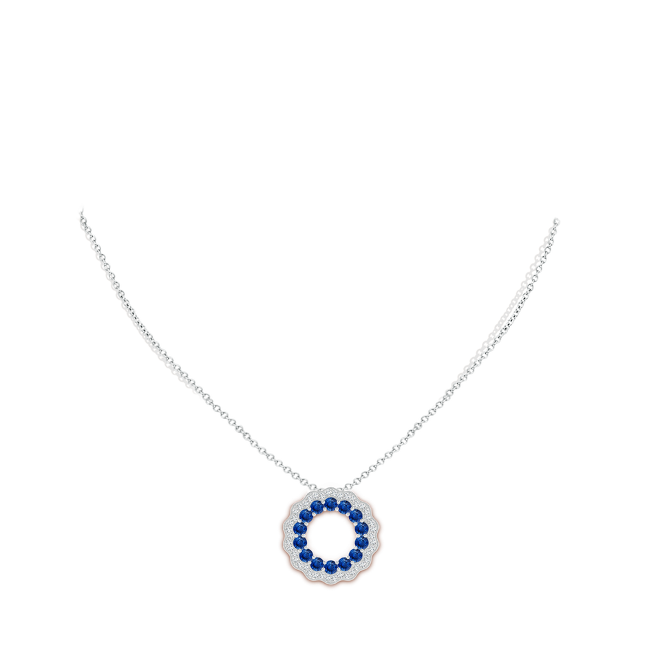 2.5mm AAA Sapphire and Diamond Floral Circle Pendant in White Gold body-neck