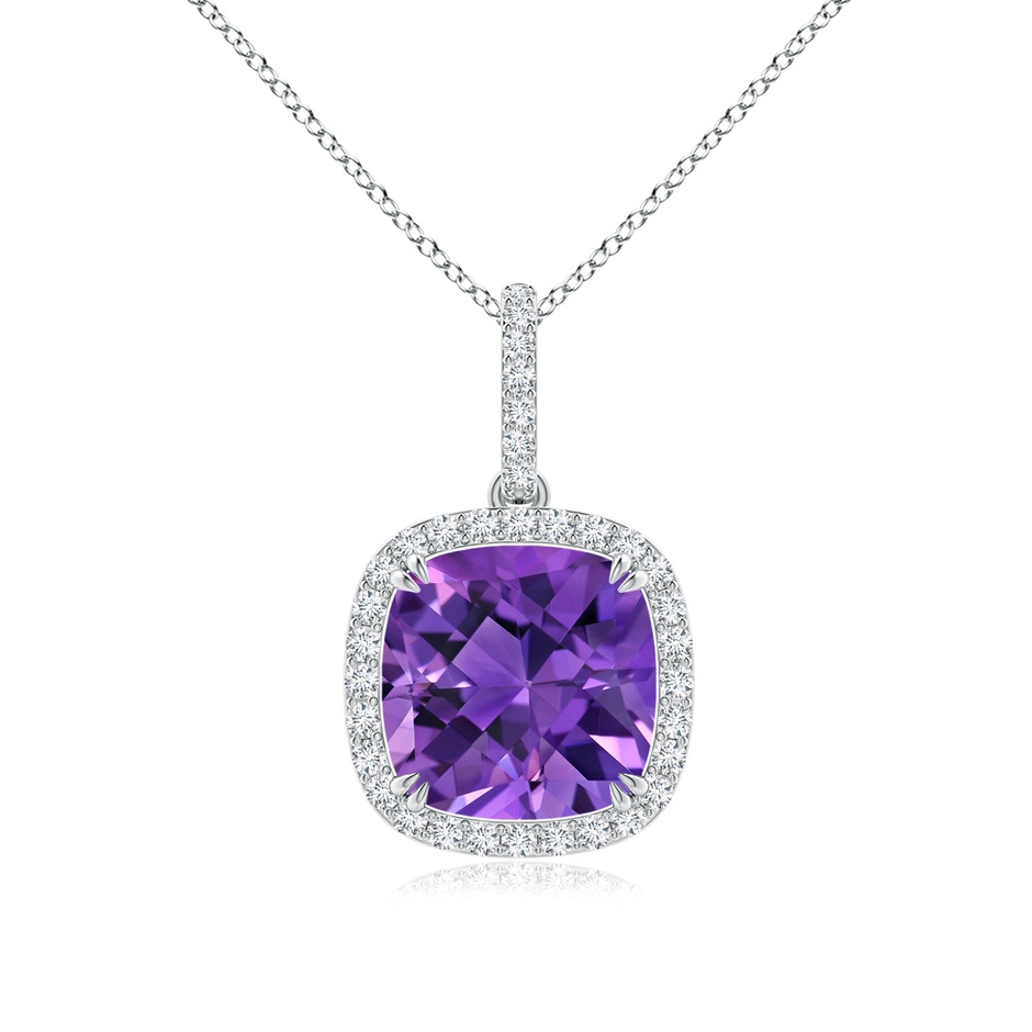 10mm AAAA Cushion Amethyst Pendant with Diamond Halo in White Gold 
