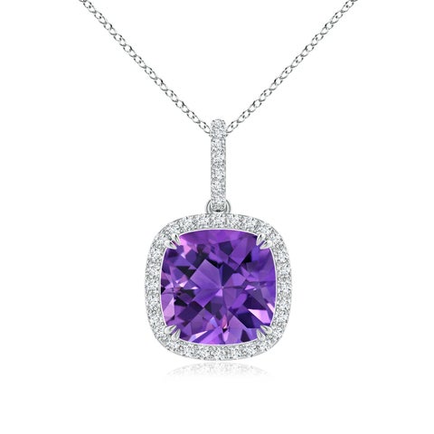 10mm AAAA Cushion Amethyst Pendant with Diamond Halo in White Gold