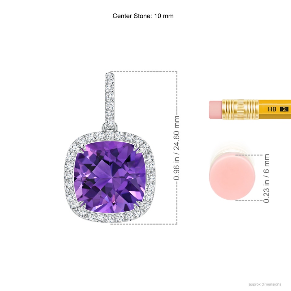 10mm AAAA Cushion Amethyst Pendant with Diamond Halo in White Gold ruler