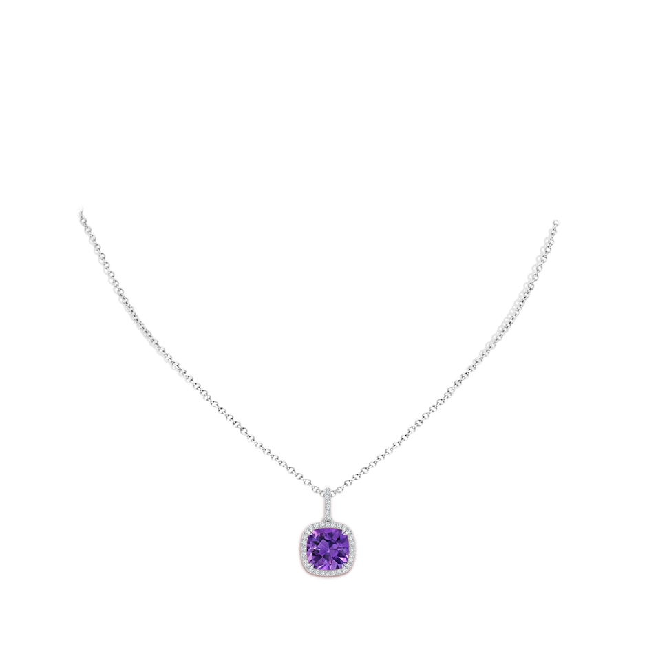 10mm AAAA Cushion Amethyst Pendant with Diamond Halo in White Gold body-neck