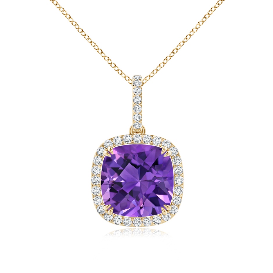 10mm AAAA Cushion Amethyst Pendant with Diamond Halo in Yellow Gold 