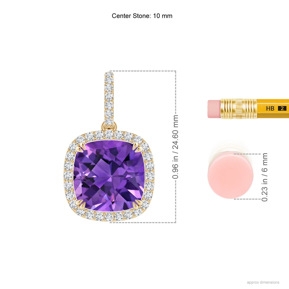 10mm AAAA Cushion Amethyst Pendant with Diamond Halo in Yellow Gold ruler