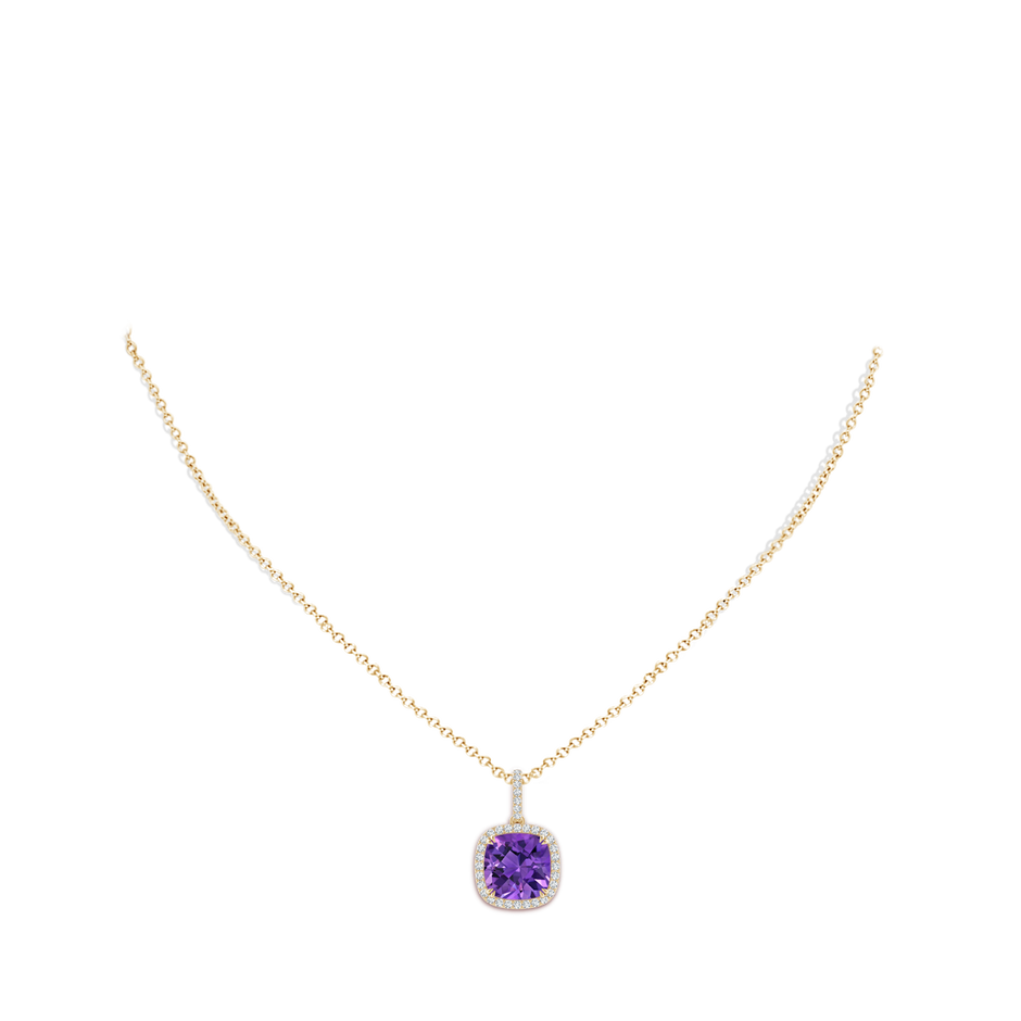 10mm AAAA Cushion Amethyst Pendant with Diamond Halo in Yellow Gold body-neck