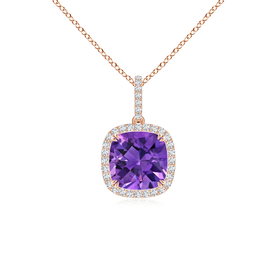 8mm AAAA Cushion Amethyst Pendant with Diamond Halo in Rose Gold 