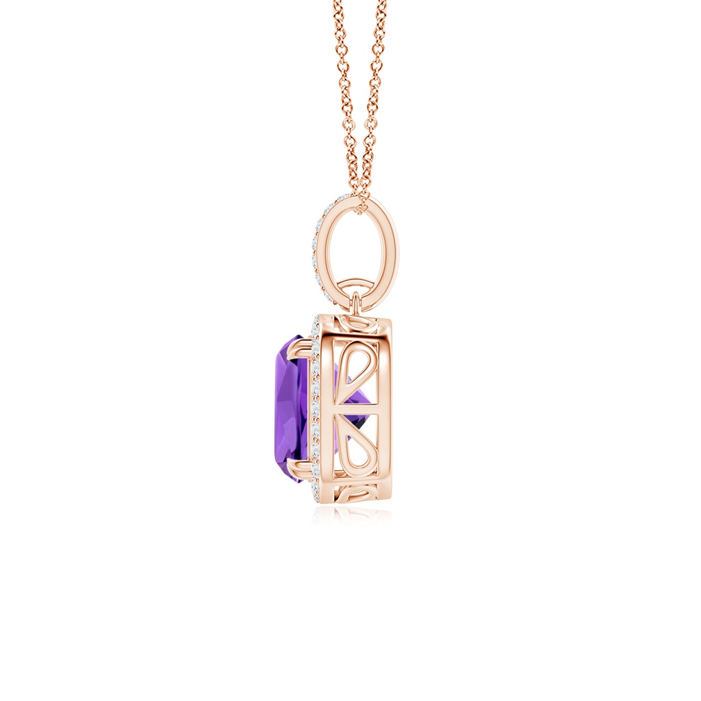 8mm AAAA Cushion Amethyst Pendant with Diamond Halo in Rose Gold Side-1