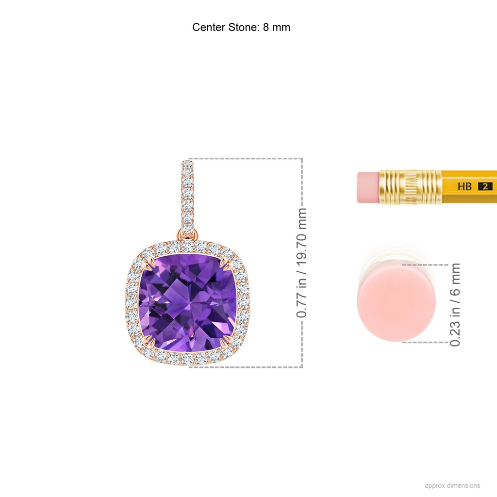 8mm AAAA Cushion Amethyst Pendant with Diamond Halo in Rose Gold Ruler