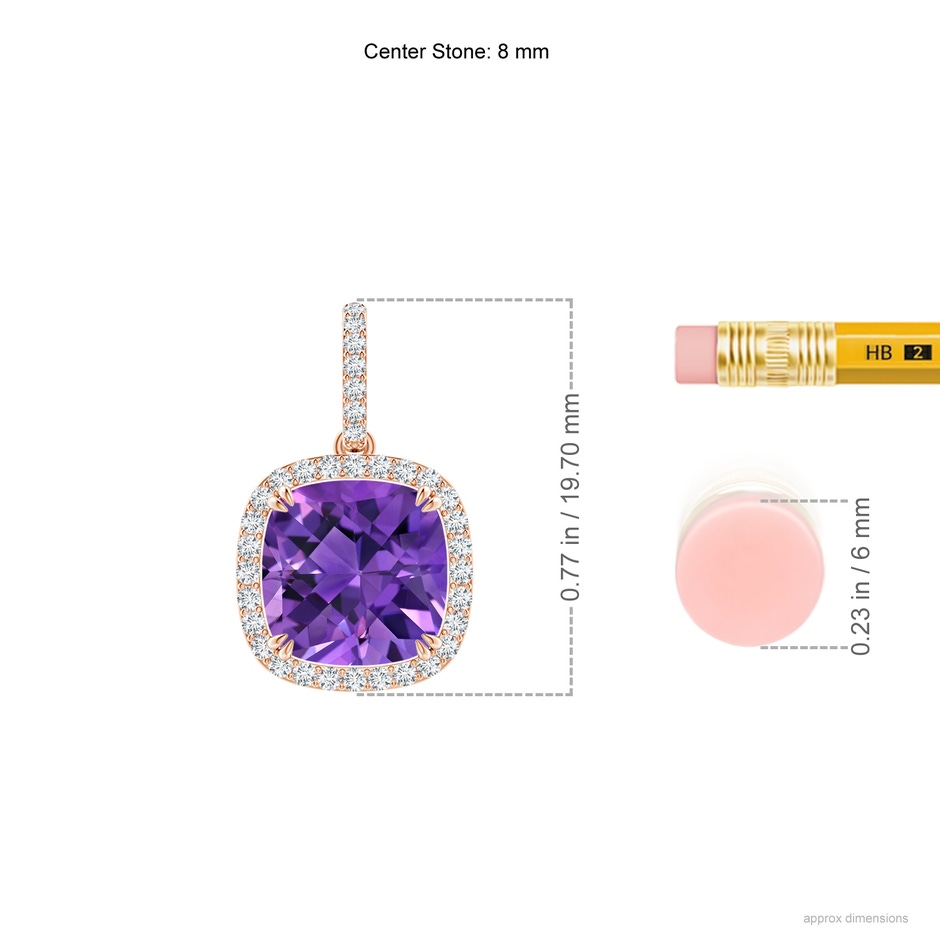 8mm AAAA Cushion Amethyst Pendant with Diamond Halo in Rose Gold ruler