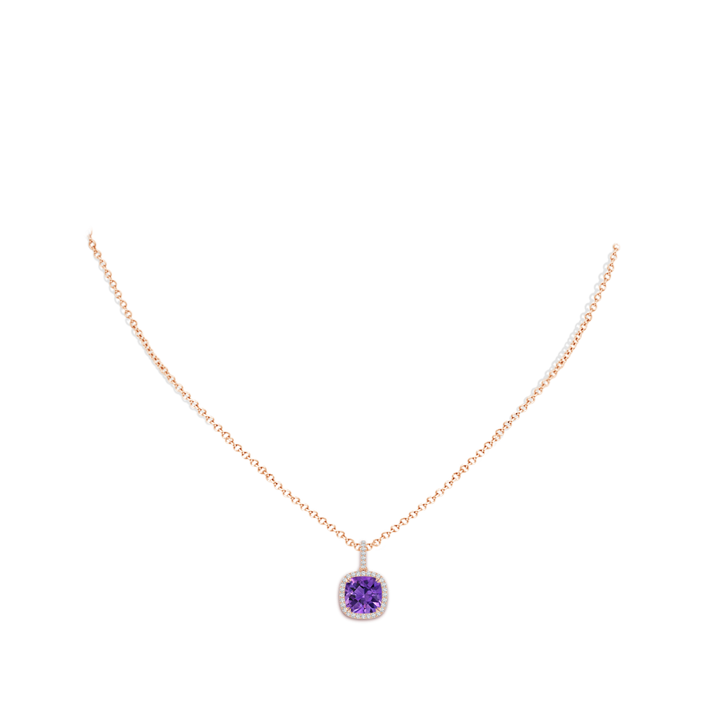 8mm AAAA Cushion Amethyst Pendant with Diamond Halo in Rose Gold Body-Neck