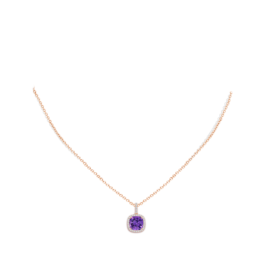 8mm AAAA Cushion Amethyst Pendant with Diamond Halo in Rose Gold body-neck