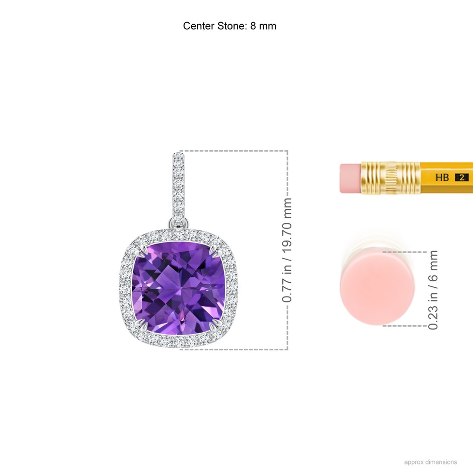 8mm AAAA Cushion Amethyst Pendant with Diamond Halo in White Gold ruler