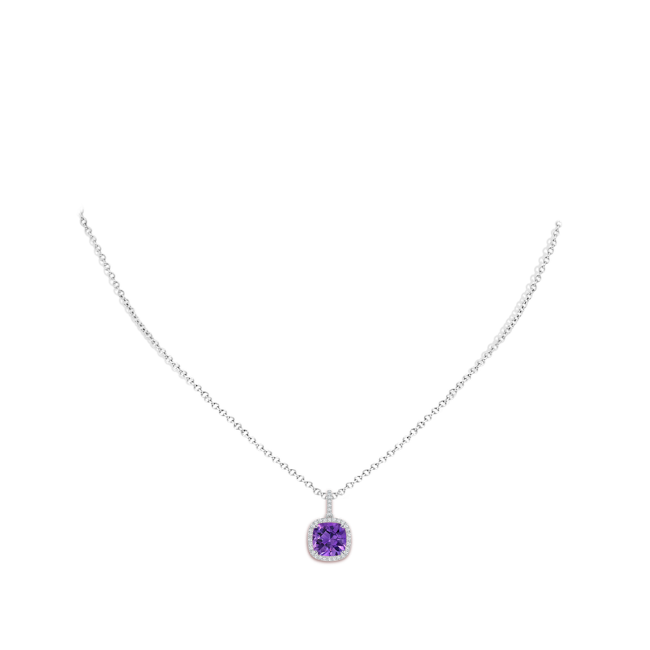 8mm AAAA Cushion Amethyst Pendant with Diamond Halo in White Gold body-neck