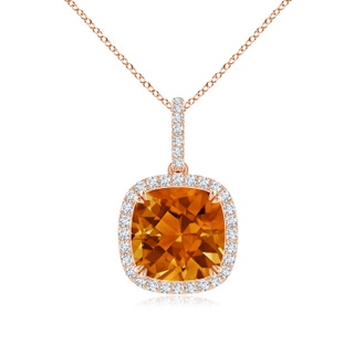 10mm AAAA Cushion Citrine Pendant with Diamond Halo in Rose Gold