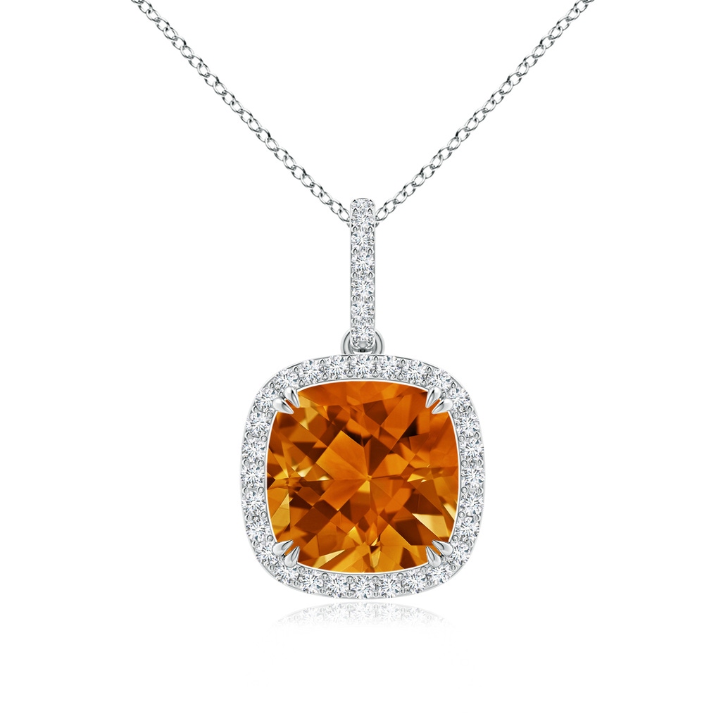 10mm AAAA Cushion Citrine Pendant with Diamond Halo in White Gold