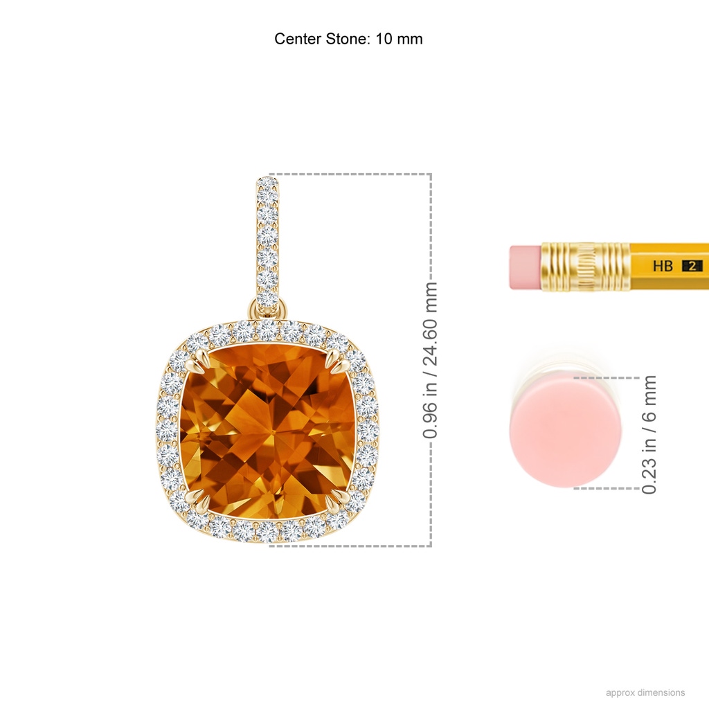 10mm AAAA Cushion Citrine Pendant with Diamond Halo in Yellow Gold Ruler