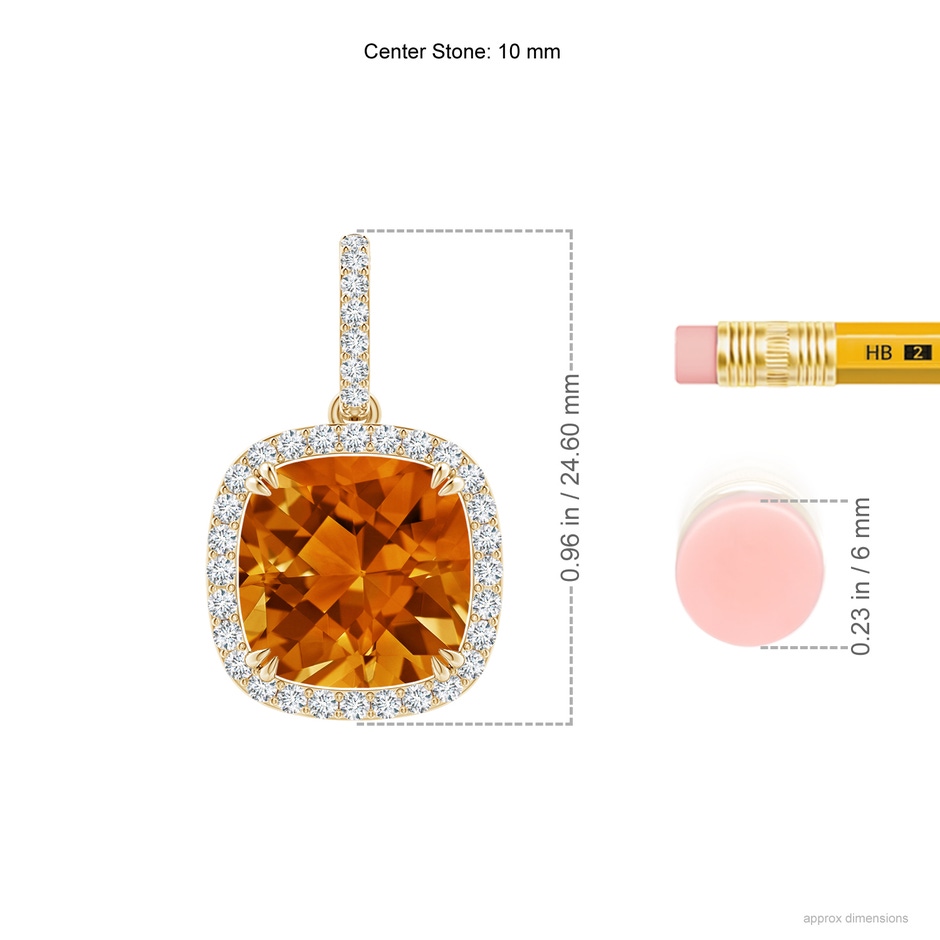 10mm AAAA Cushion Citrine Pendant with Diamond Halo in Yellow Gold ruler