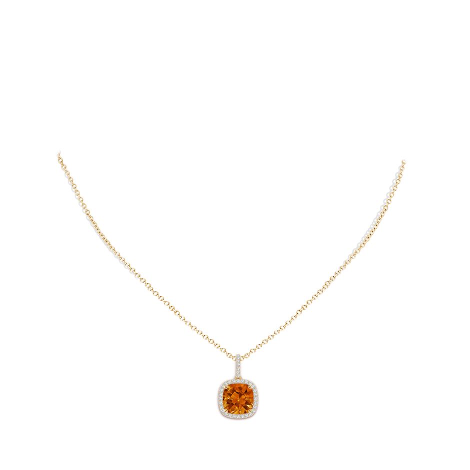 10mm AAAA Cushion Citrine Pendant with Diamond Halo in Yellow Gold body-neck