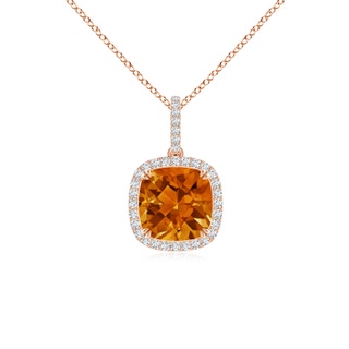 8mm AAAA Cushion Citrine Pendant with Diamond Halo in Rose Gold