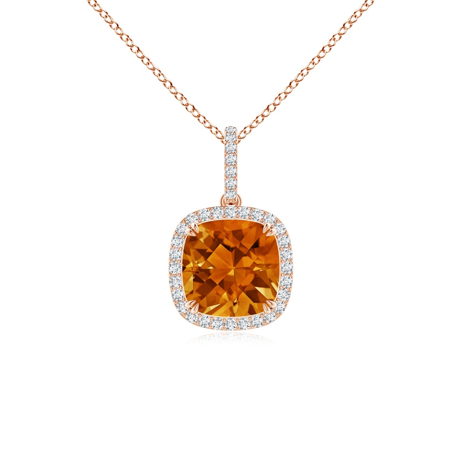 8mm AAAA Cushion Citrine Pendant with Diamond Halo in Rose Gold 