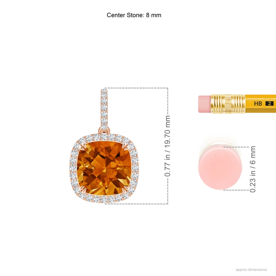 8mm AAAA Cushion Citrine Pendant with Diamond Halo in Rose Gold ruler