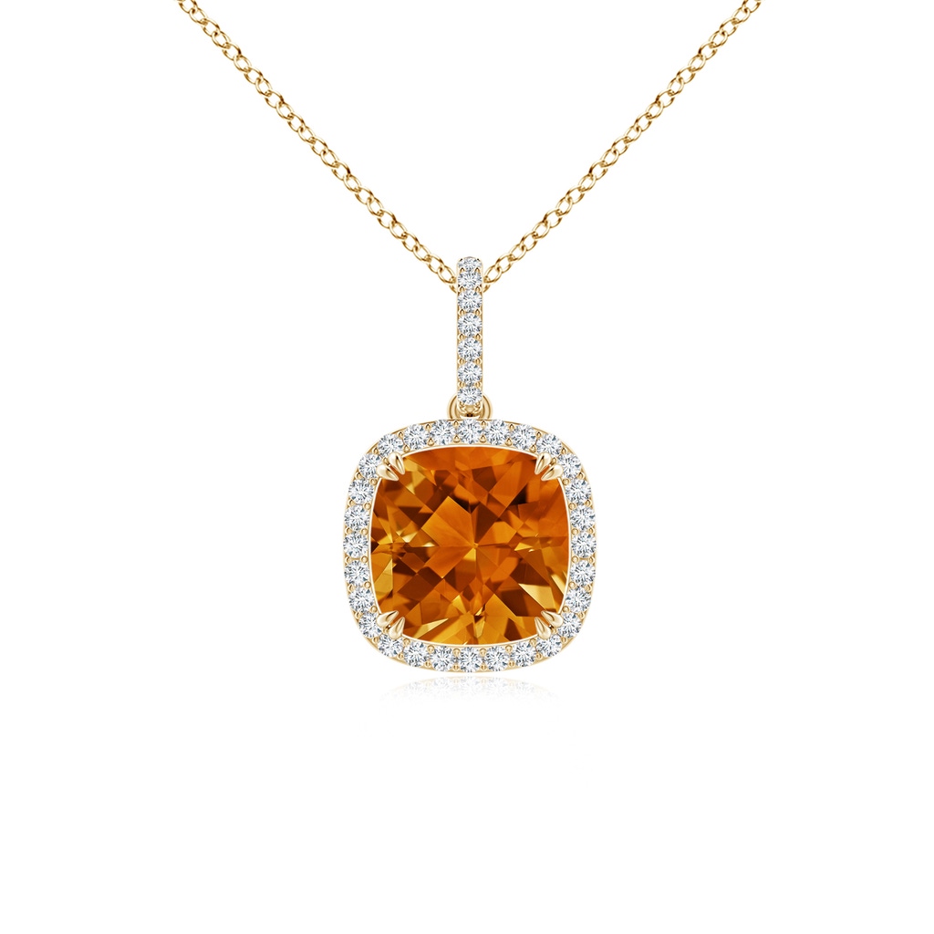 8mm AAAA Cushion Citrine Pendant with Diamond Halo in Yellow Gold