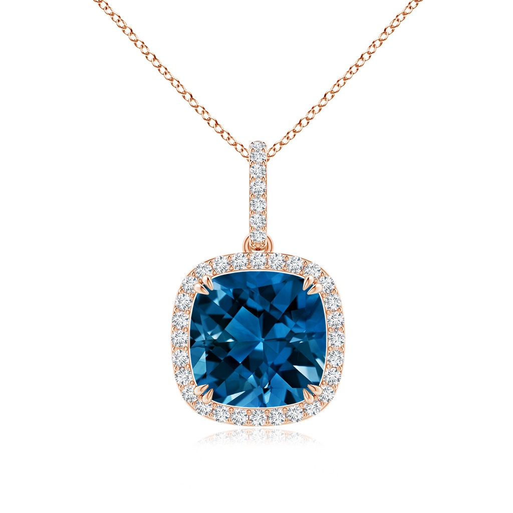10mm AAAA Cushion London Blue Topaz Pendant with Diamond Halo in Rose Gold
