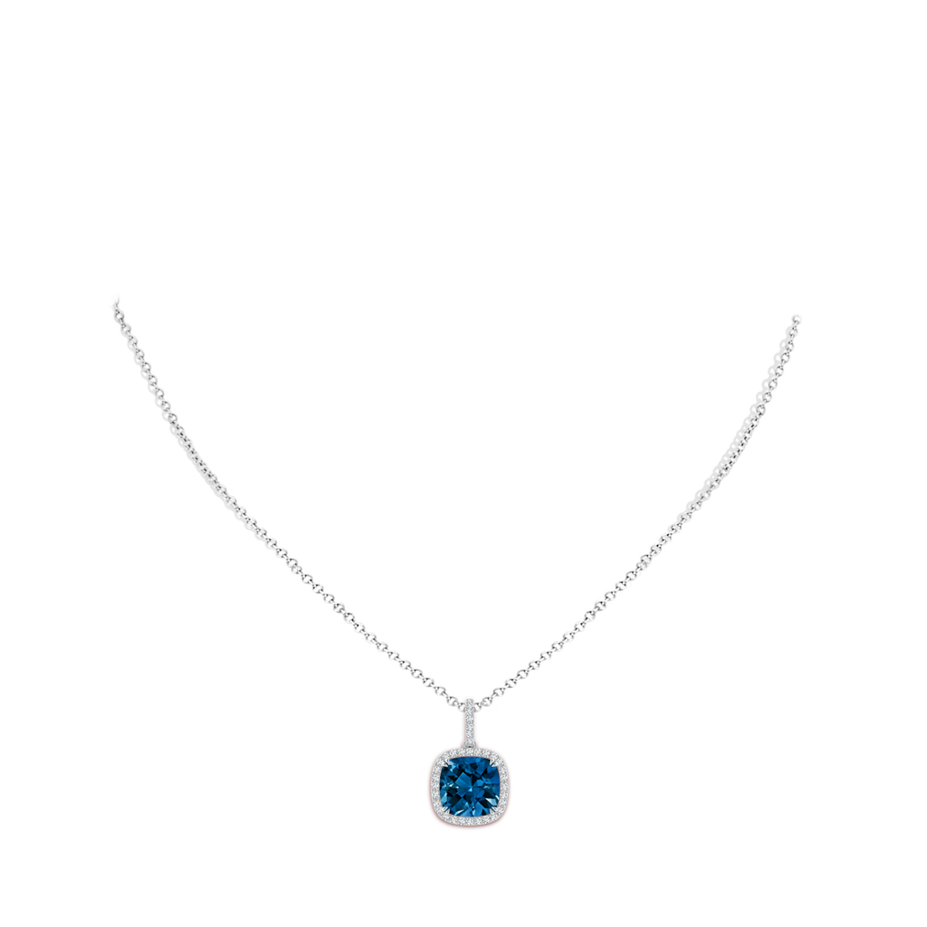 10mm AAAA Cushion London Blue Topaz Pendant with Diamond Halo in White Gold Body-Neck