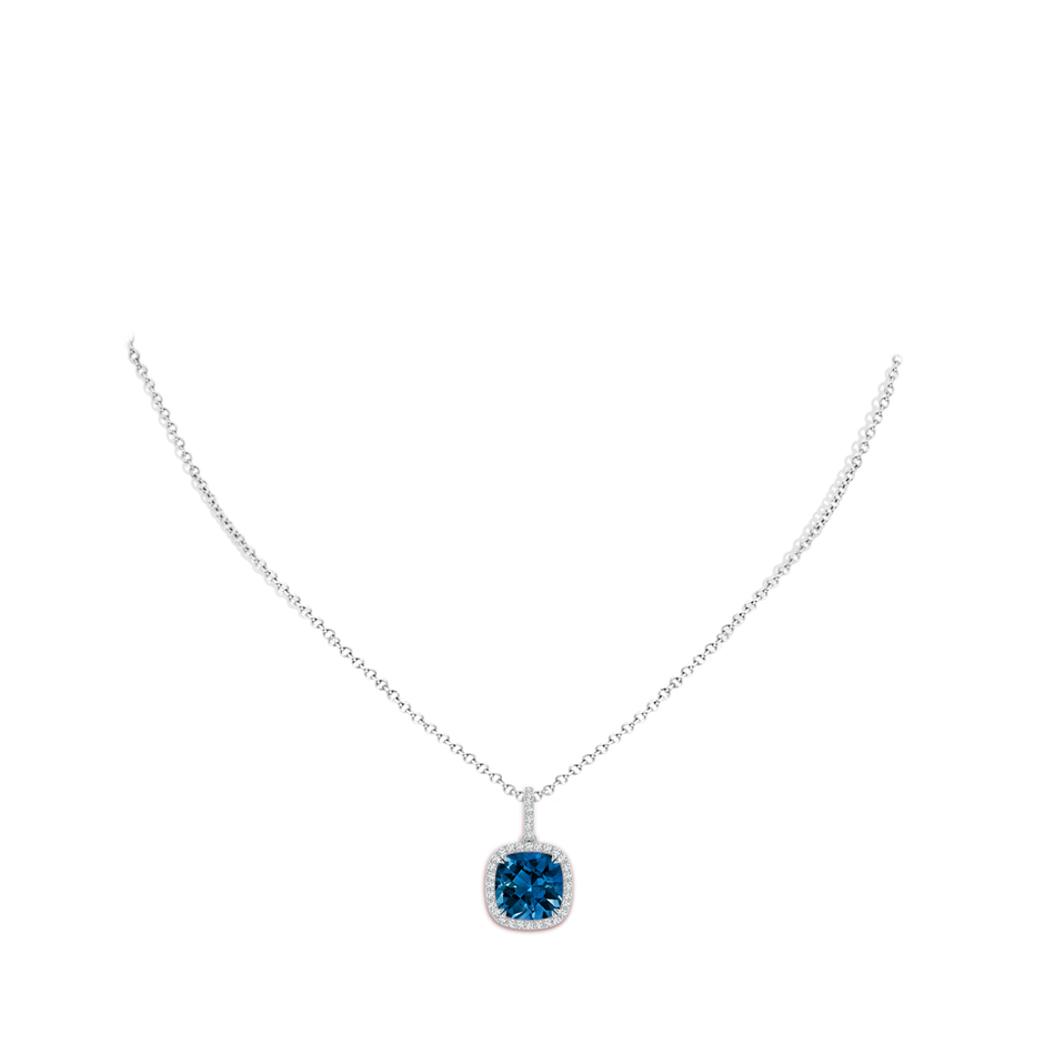 10mm AAAA Cushion London Blue Topaz Pendant with Diamond Halo in White Gold body-neck