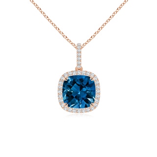 8mm AAAA Cushion London Blue Topaz Pendant with Diamond Halo in Rose Gold