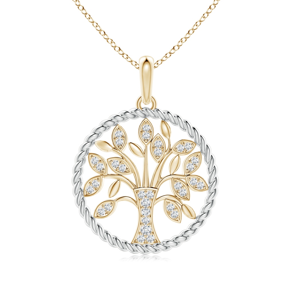 1.3mm GVS2 Two Tone Effect Tree of Life Diamond Pendant with Twisted Rope Halo in Yellow Gold