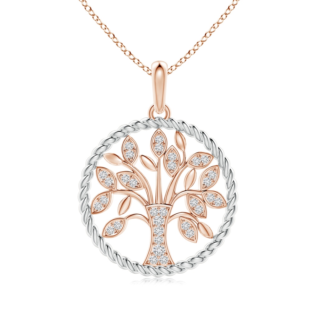 1.3mm HSI2 Two Tone Effect Tree of Life Diamond Pendant with Twisted Rope Halo in Rose Gold